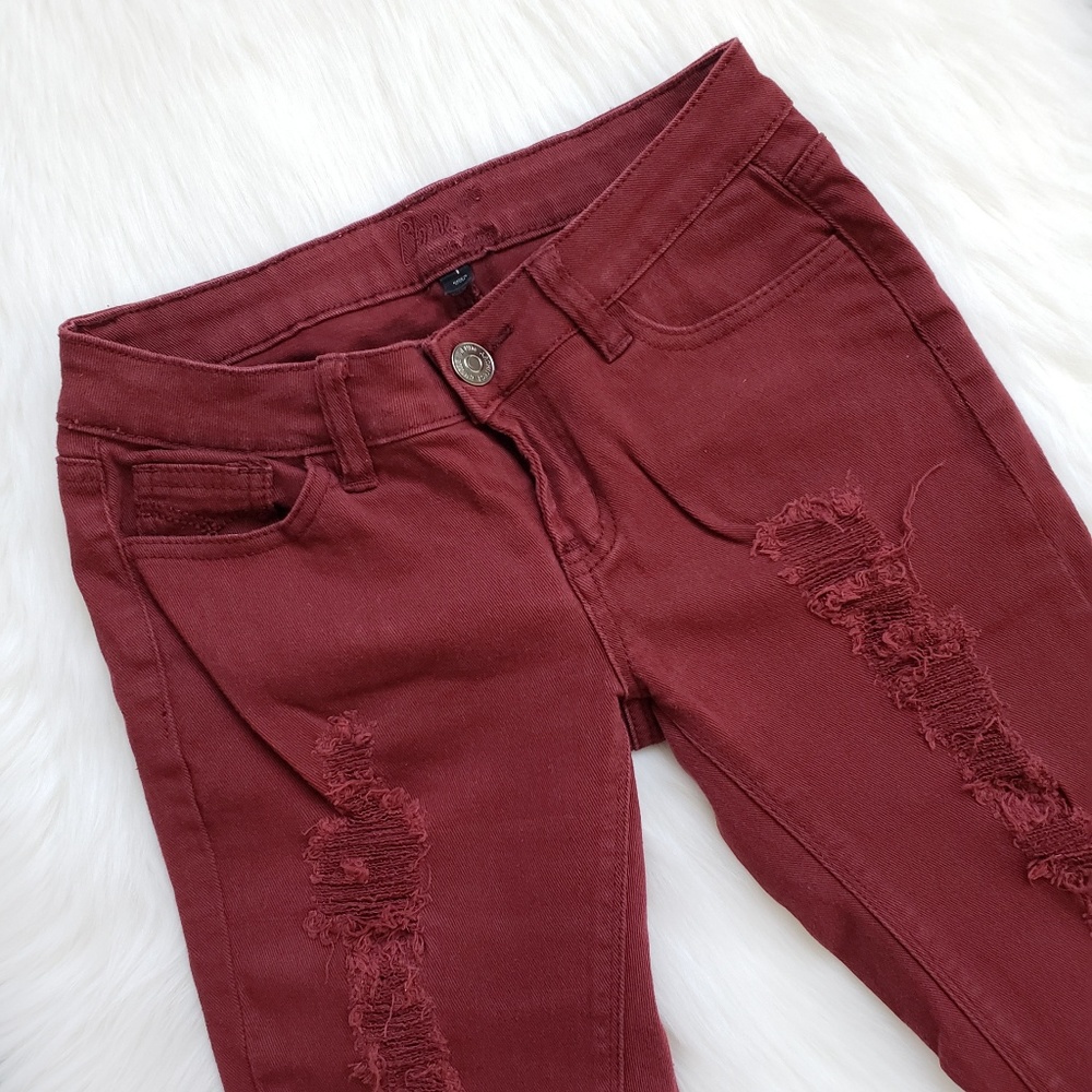 ChiQle Super Skinny Burgundy Distressed Jeans